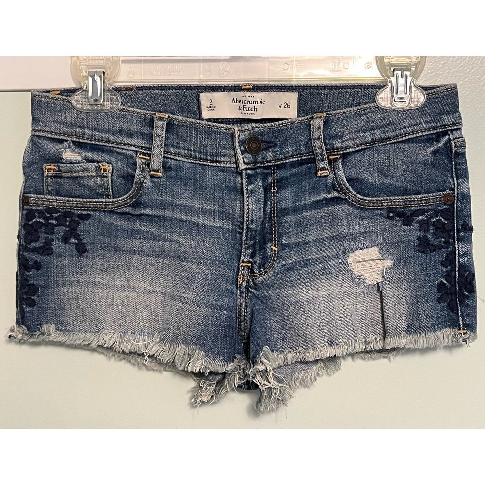 Abercrombie & Fitch Stretch Jean Shorts Embroidered Floral Raw Hem - 2/26